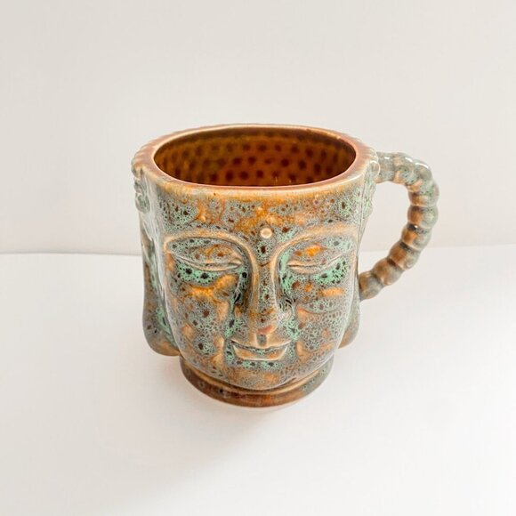 Ceramic Buddha Head Coffee Mug with Textured Glaze and Beaded Handle - Picture 1 of 4